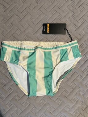 BANG! Aqua and Cream Striped men’s swim brief size small new